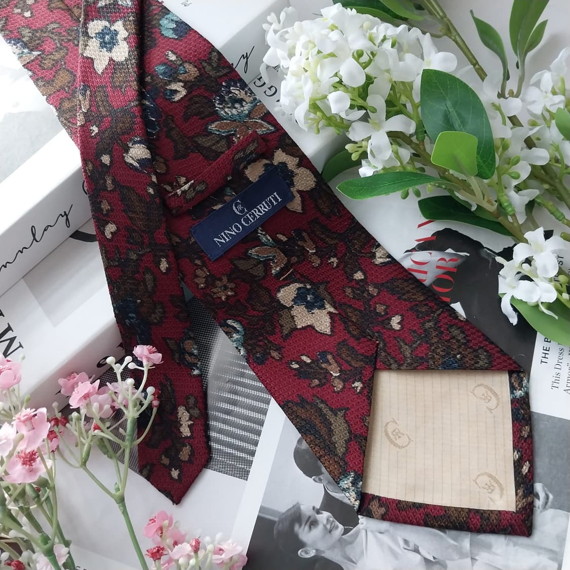 니노 세루티 실크 와인 플로럴 패턴 넥타이 9.5cm A+등급 K1513 상품이미지5