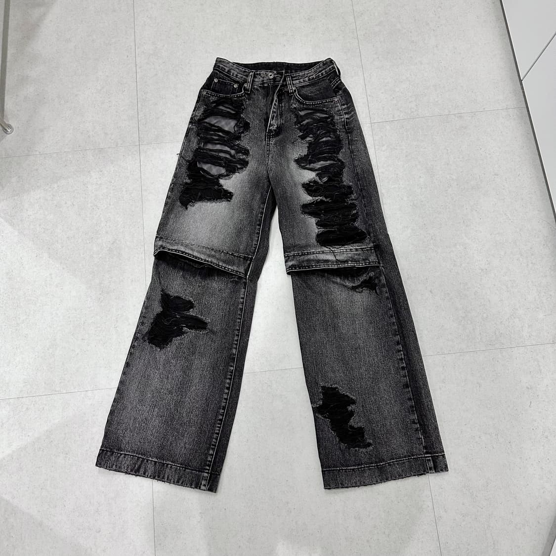 보헤미안 서울 니 오픈 와이드 데미지 팬츠 그레이 S 상품이미지2