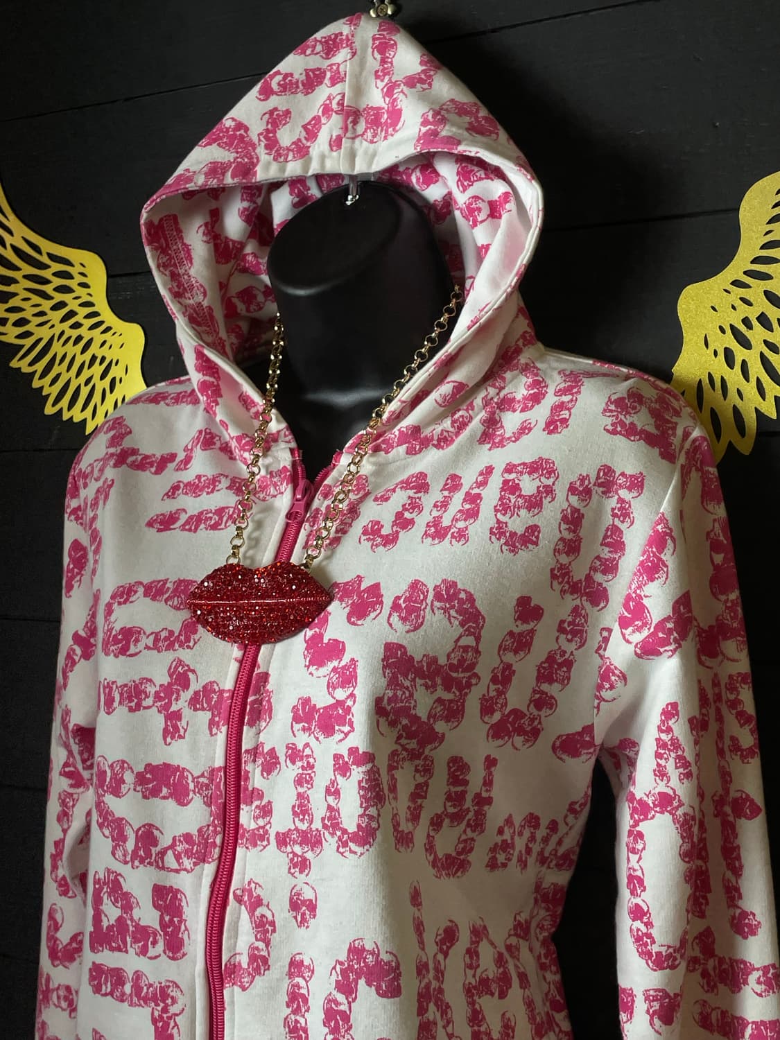 JPN 갸루 핑크 레터링 화이트 후드집업 상품이미지3