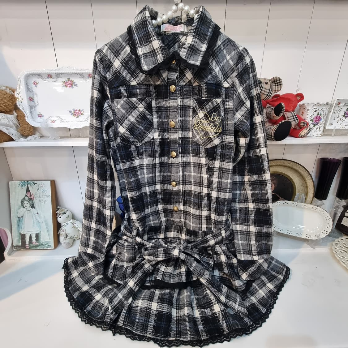 트랄라라(TRALALA) 울혼방 체크 프릴 원피스 상품이미지1