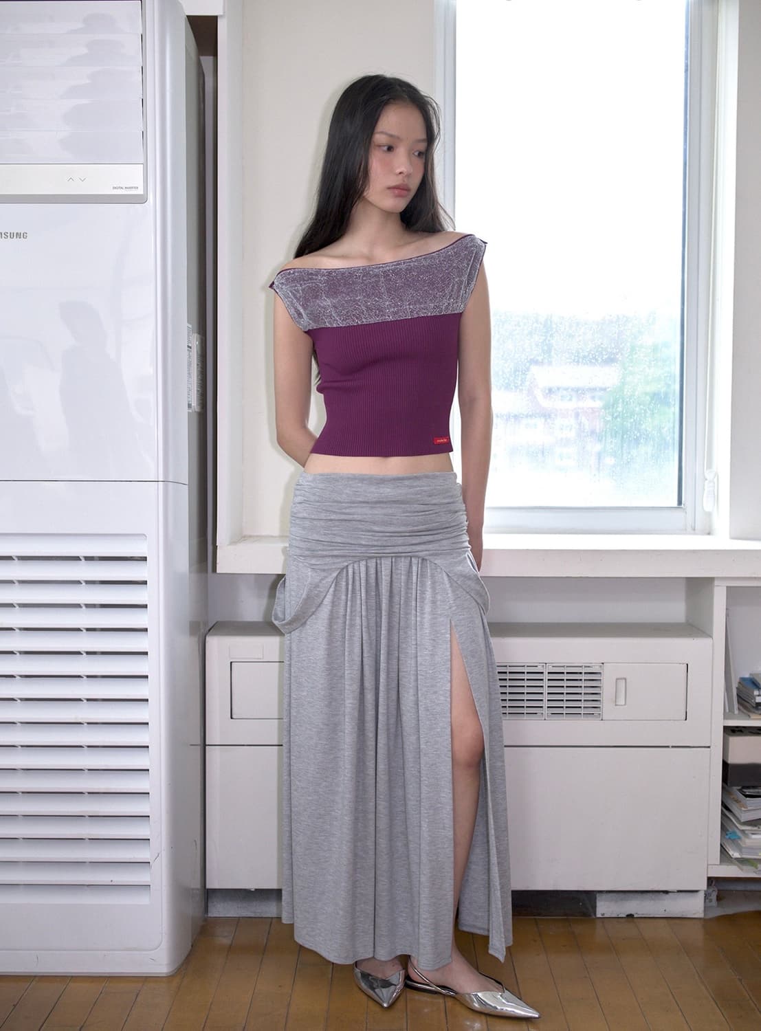 오버듀플레어DRAPED TURN OVER SKIRT_MELANGE GRE 상품이미지1