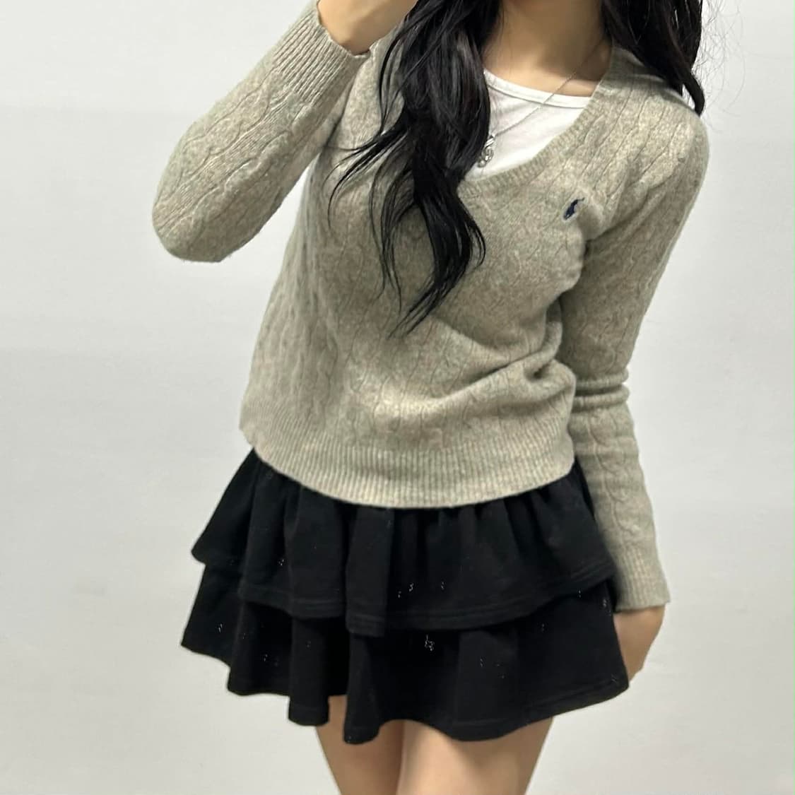 폴로 랄프로렌 신형 라벨 그레이 걸즈 브이넥 케이블 니트(M) 상품이미지1