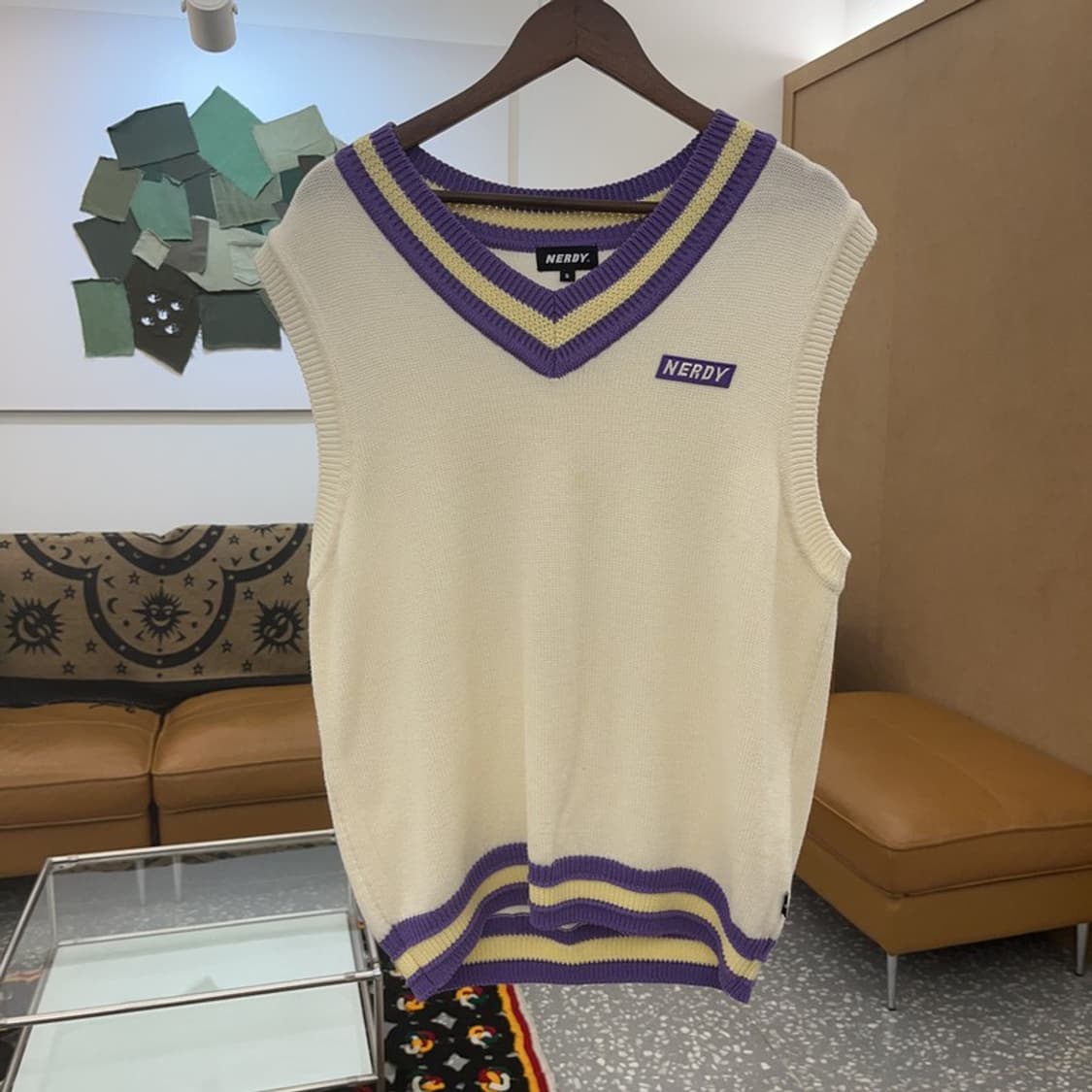 널디 올드스쿨 레트로 배색 브이넥 크림 니트 조끼 S C07958 상품이미지3