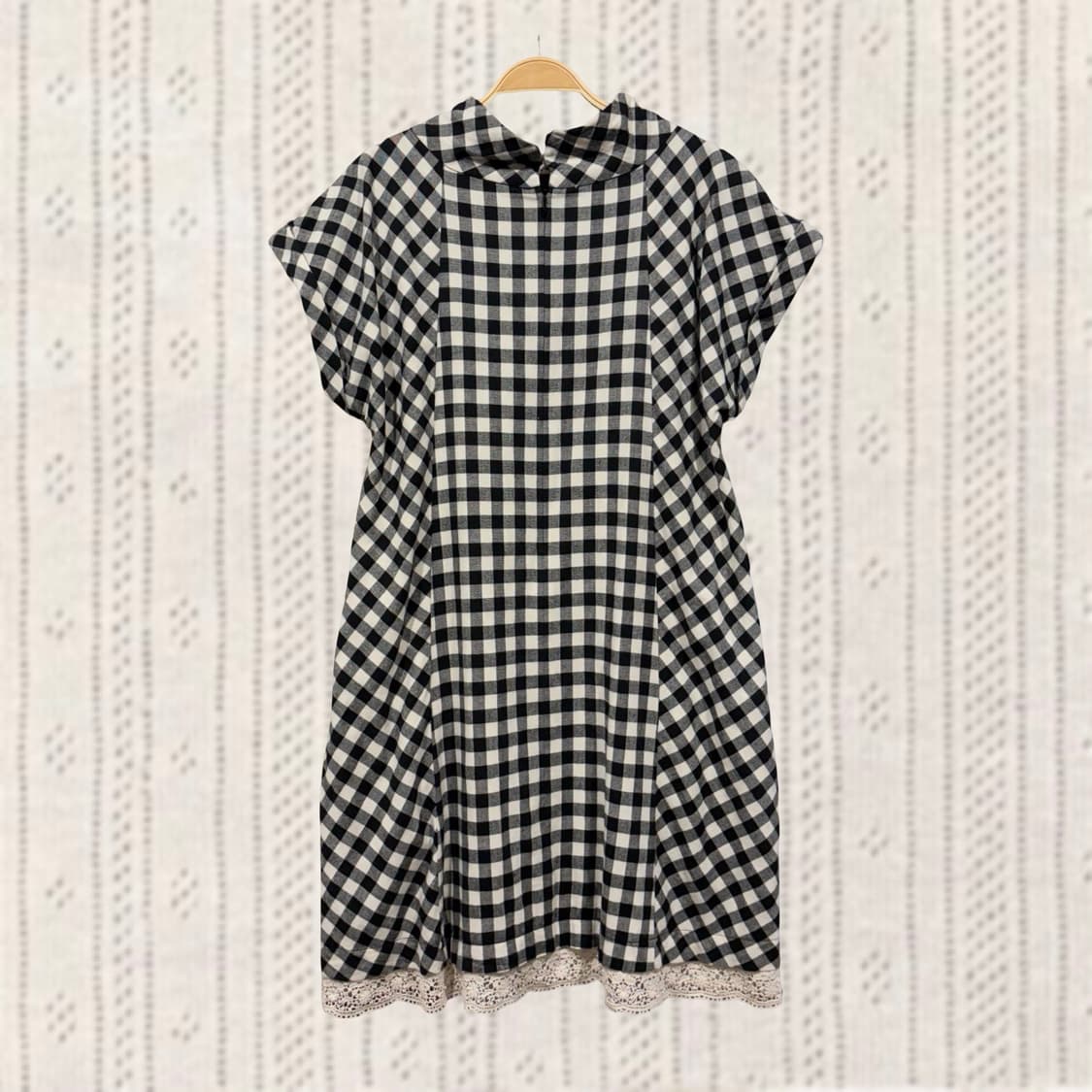 일본 빈티지 모리 블랙 체크 코튼 레이스 폴라 반팔 원피스 상품이미지2