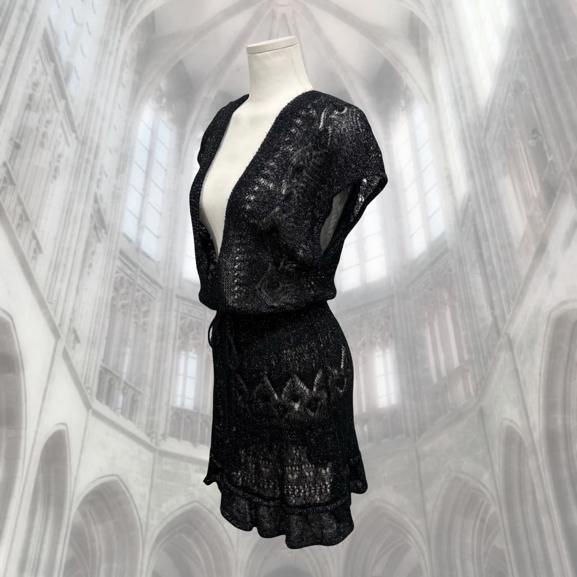 블랙 모헤어 딥 브이넥 유니크 니트 원피스 상품이미지2