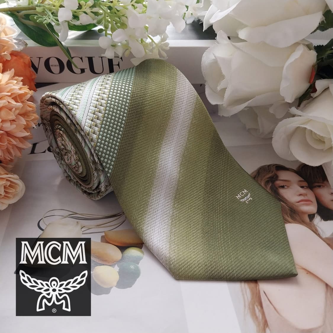 MCM 실크 그린 스트라이프 텍스처 넥타이 8.7cm A+등급 K1608 상품이미지1