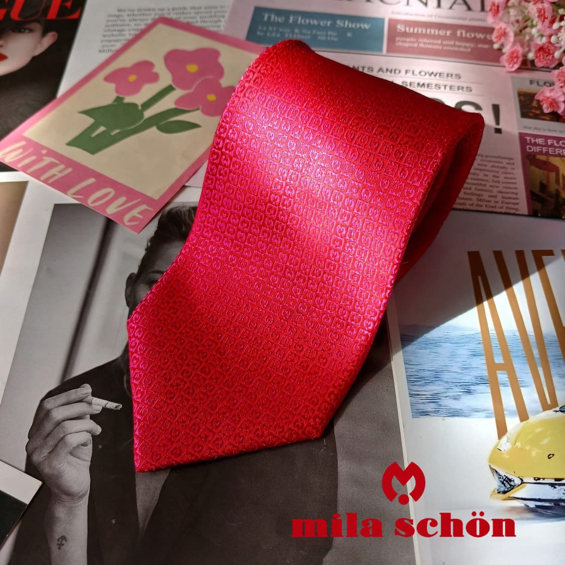 밀라숀 실크 핫핑크 로고 패턴 넥타이 8.8cm A+등급 A19754 상품이미지2