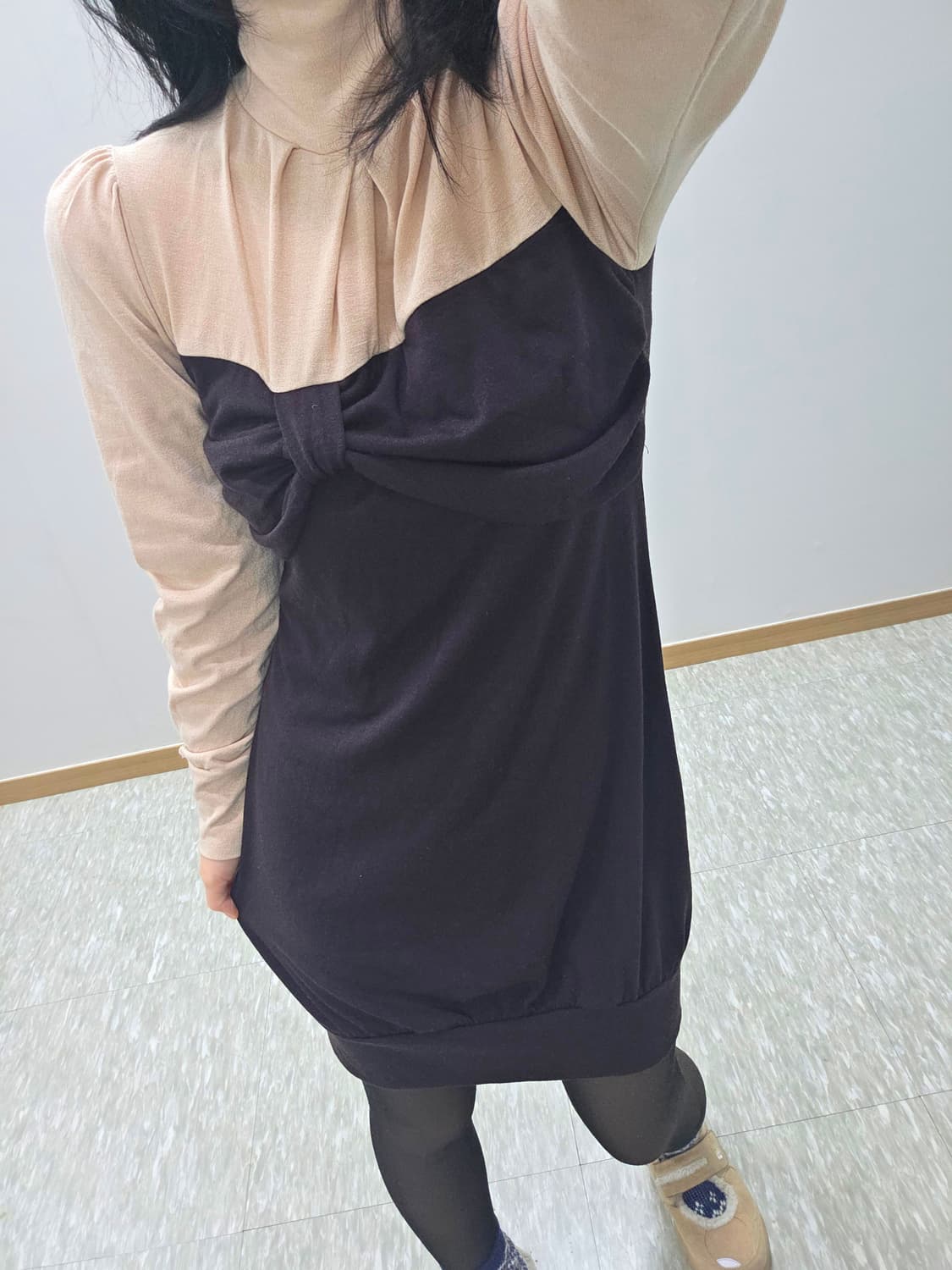 빈티지) 로맨틱 라떼히메갸루 리즈st 리본 모리걸 목폴라 니트 원피스 상품이미지3