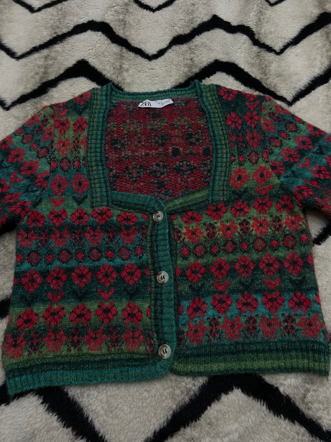 [M]ZARA 스퀘어넥 크롭 자카드 플라워 패턴 니트 가디건 상품이미지3