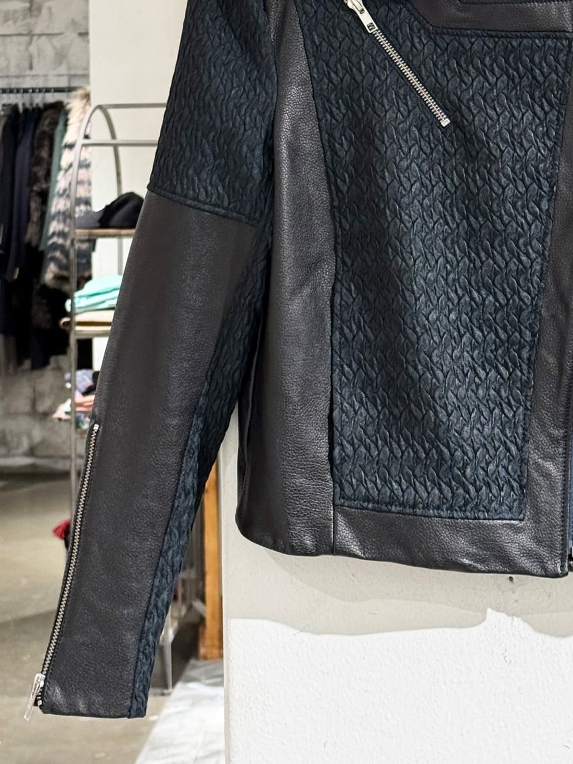 헬무트 랭 블랙 자카드 패널 바이커 레더 자켓 상품이미지4