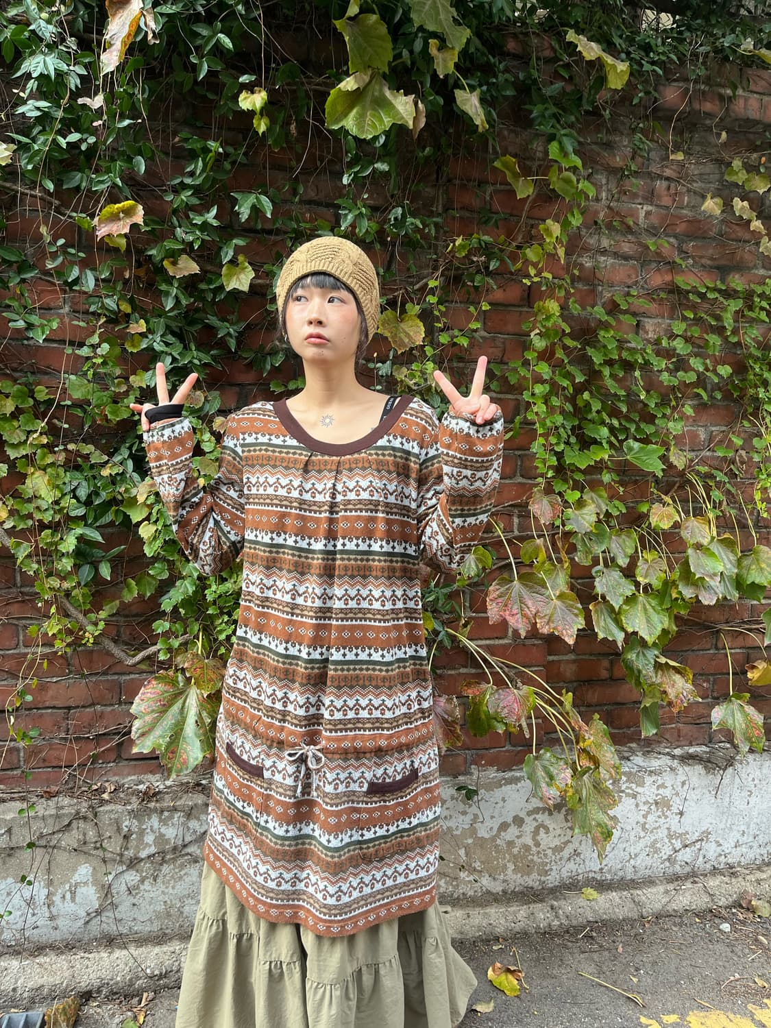 브라운 히피 겨울 패턴 원피스 상품이미지2