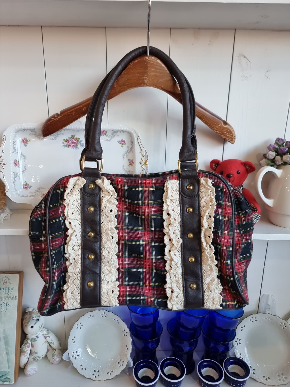 체크 숄더백 레이스 장식 가방 상품이미지1