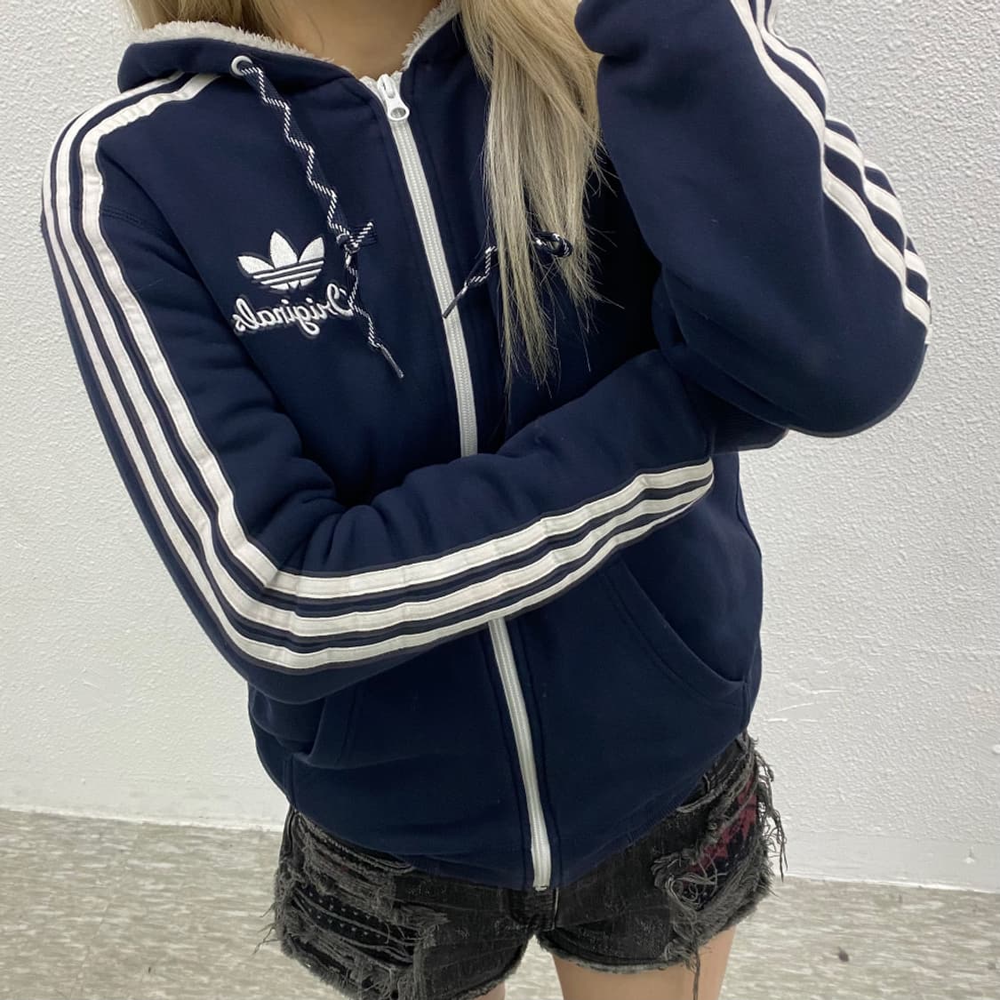 아디다스 화이트라인 뽀글이 네이비 후드집업 85 상품이미지2