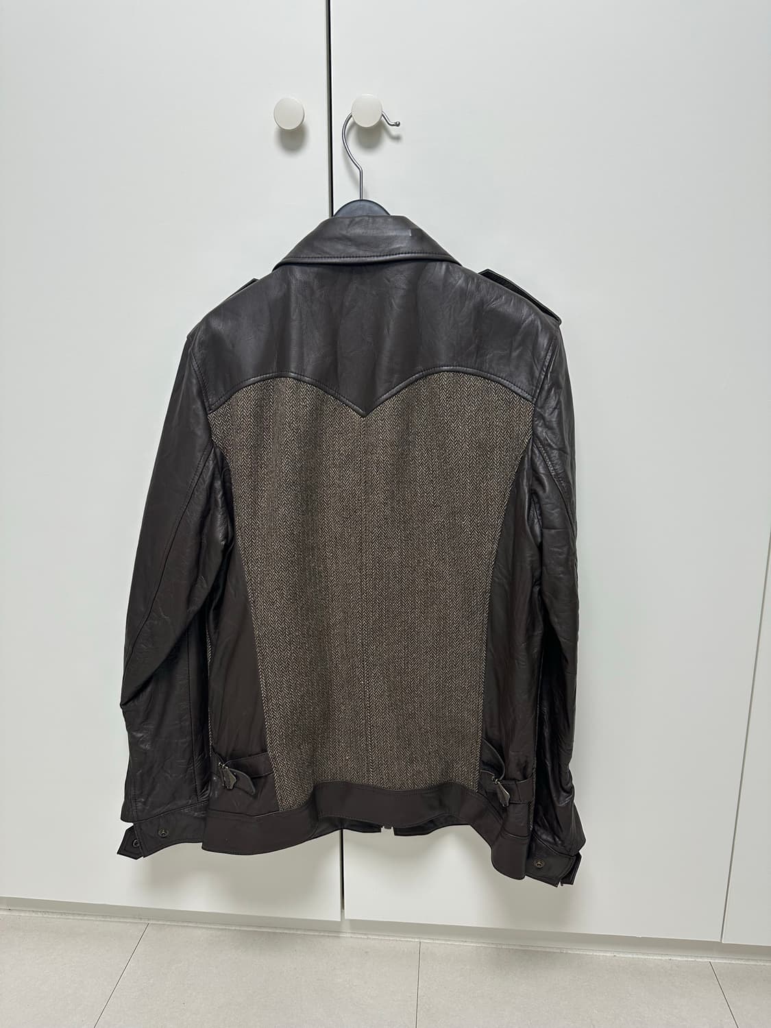 가죽/헤링본 배색 브라운 레더 자켓 상품이미지2