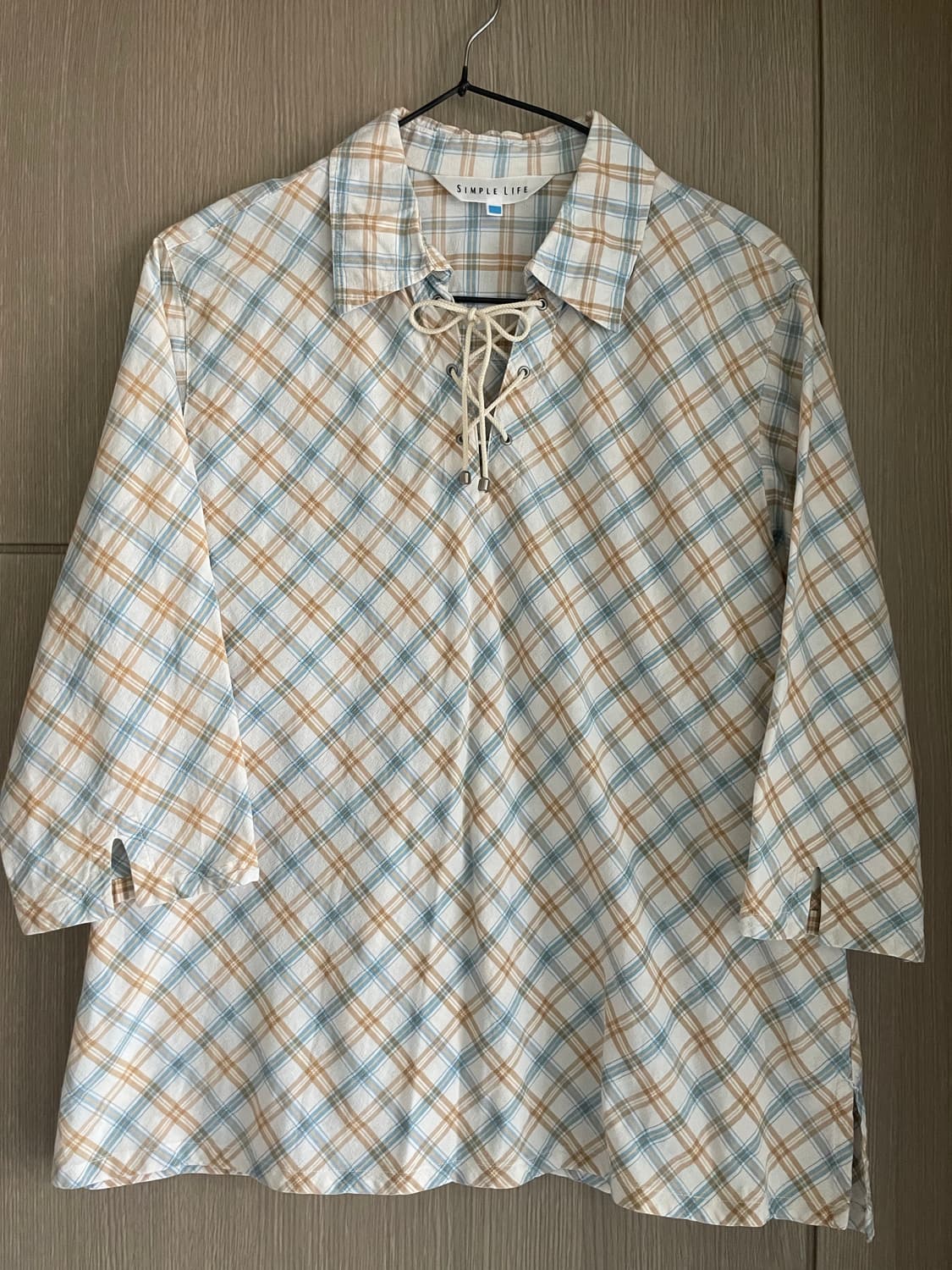 Simple Life 모리걸 하구미 체크 아일렛 칠부 셔츠원피스 상품이미지2