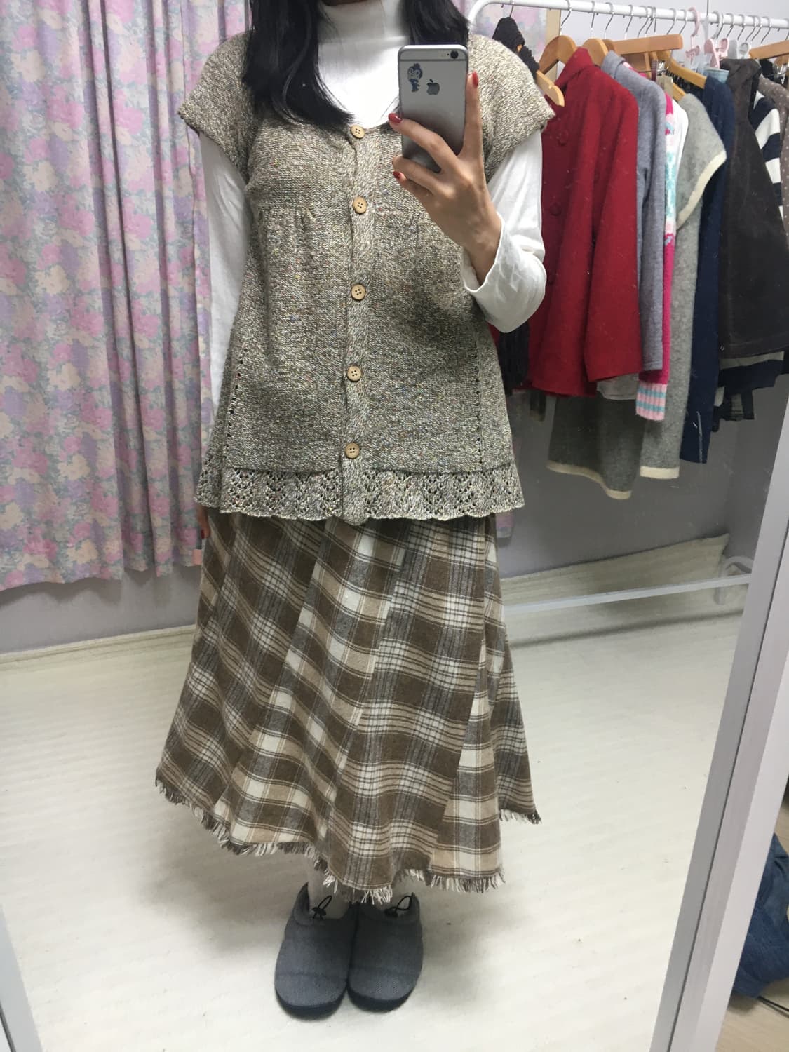 베이지 체크 울 스커트 상품이미지2