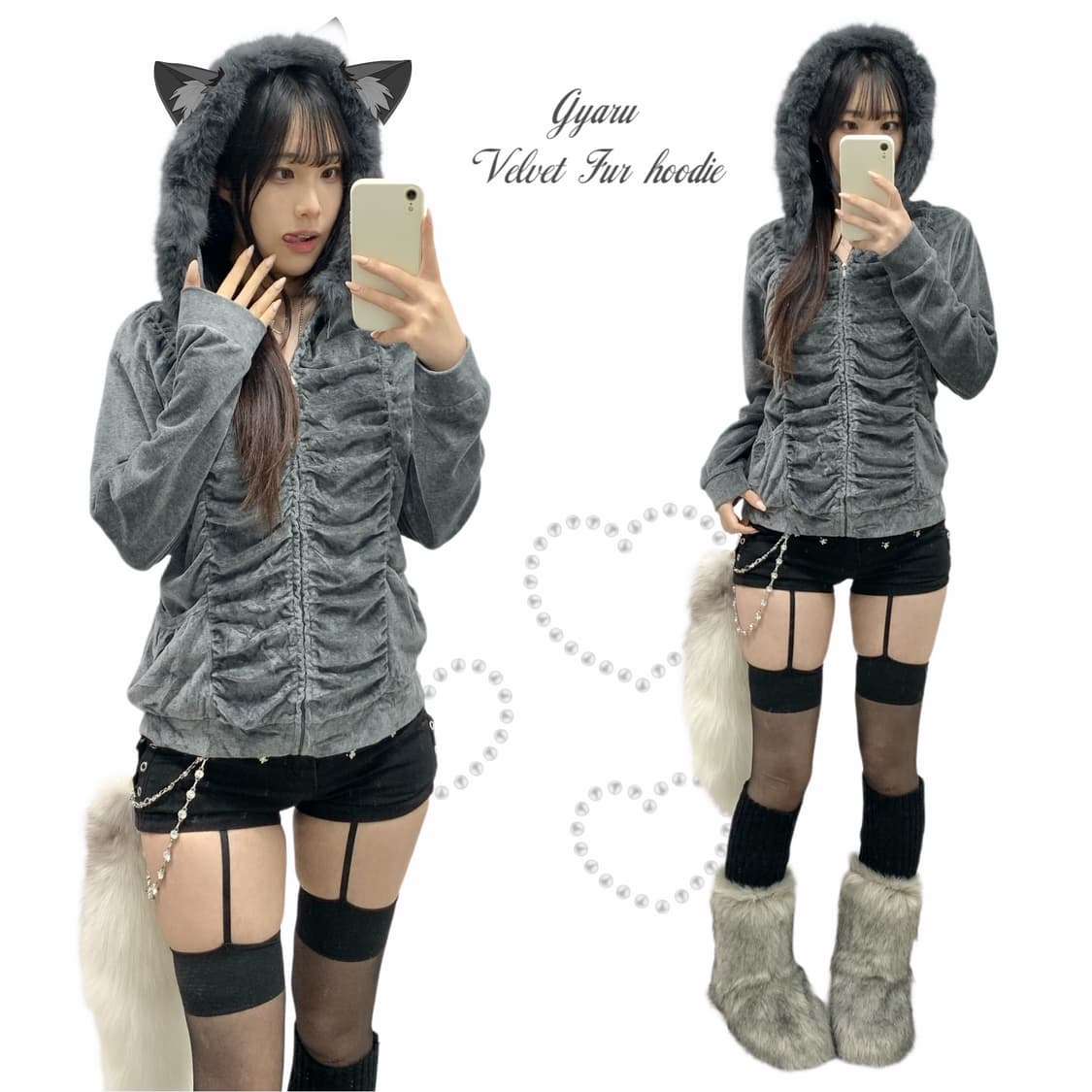 [ROSA CHERI] 갸루 벨벳 셔링 퍼 후드집업 상품이미지1