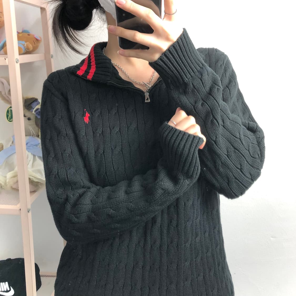 폴로 검+빨 꽈배기 반집업 니트 상품이미지2