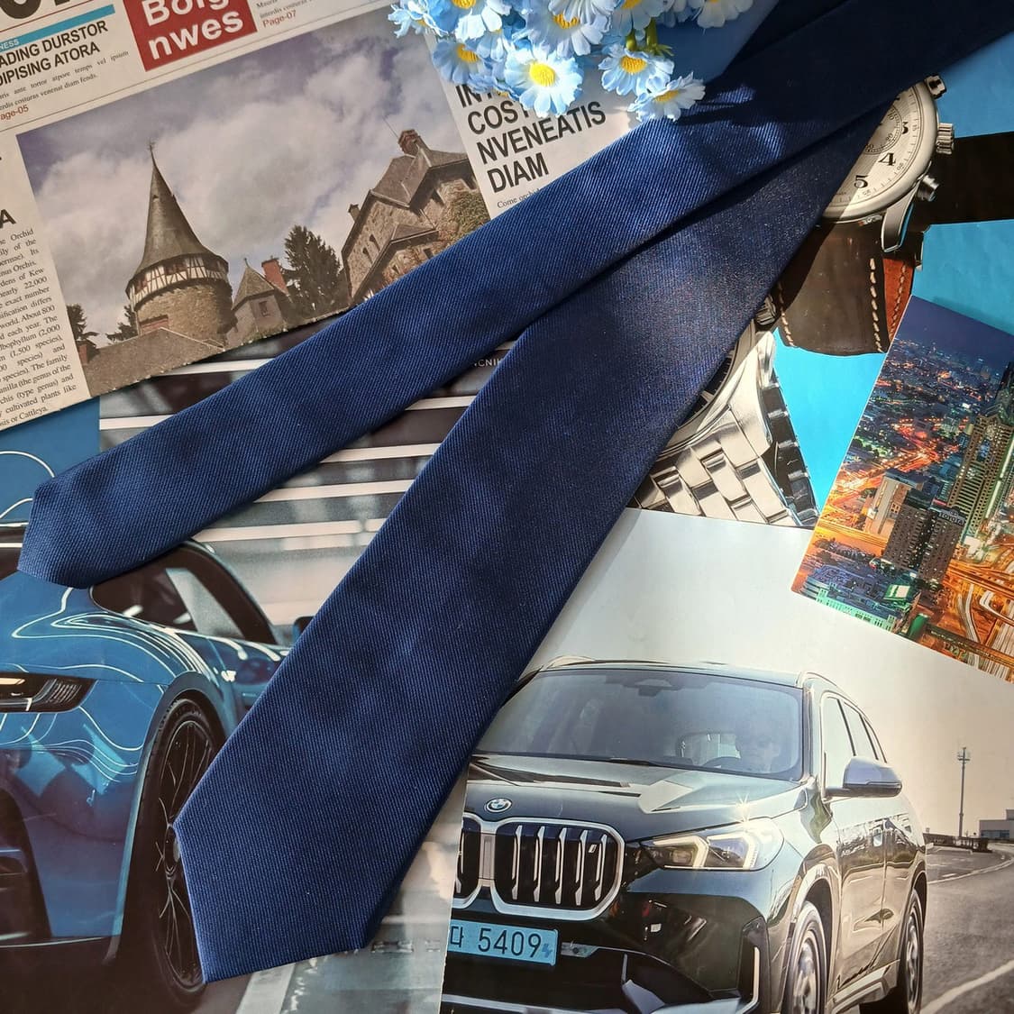 아쿠아스큐텀 실크 네이비 체크 넥타이 9cm A+등급 A19681 상품이미지3