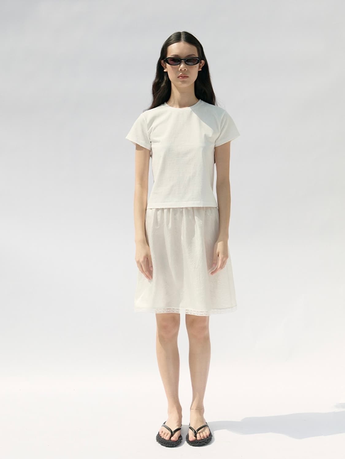 쿠어 우먼 크링클 레이스 미디 스커트 (아이보리) 레이어드 새틴 스커트 상품이미지1