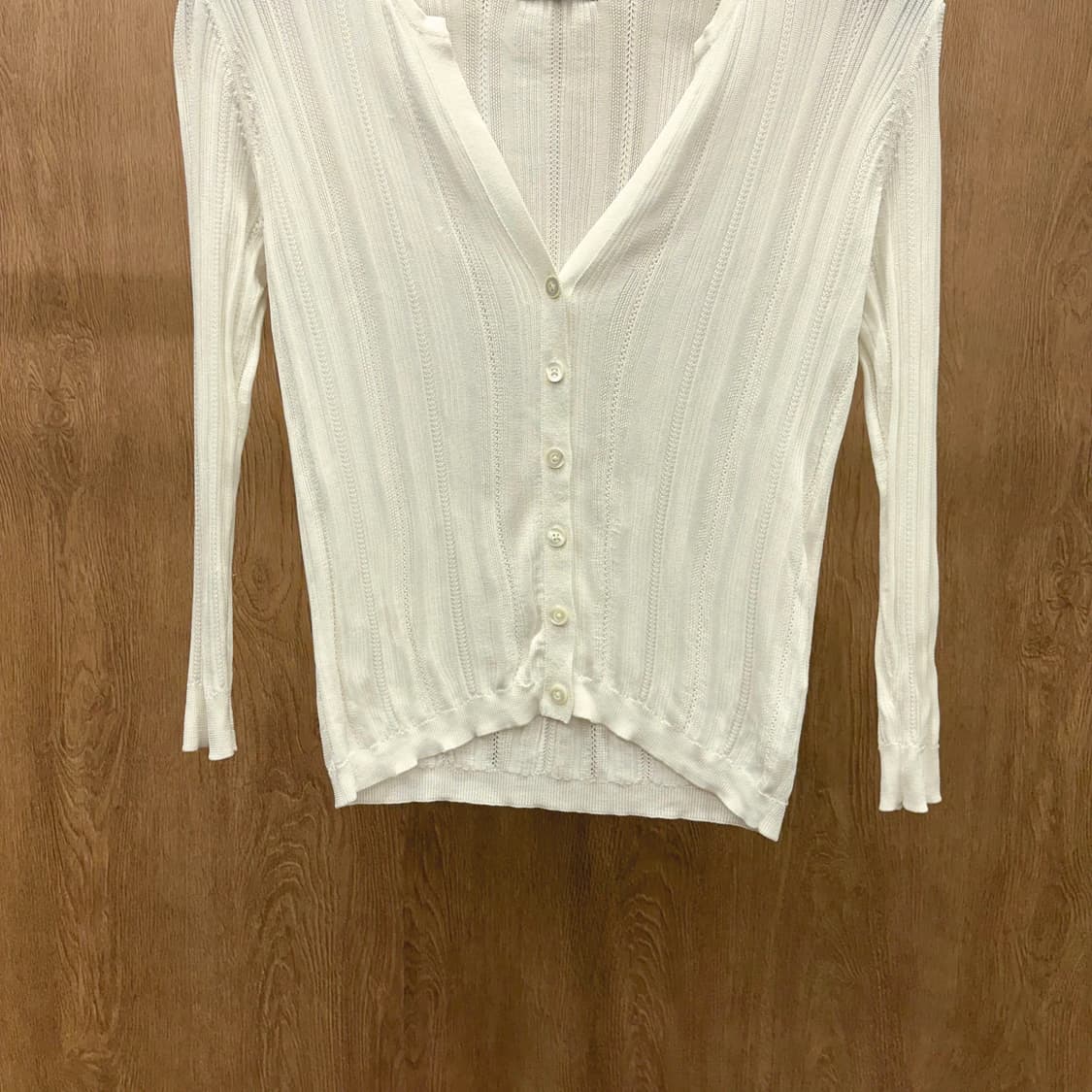 빈티지 긴팔 브이넥 가디건 세로 골지 소매 리브 마감 디테일 아이보리 상품이미지5