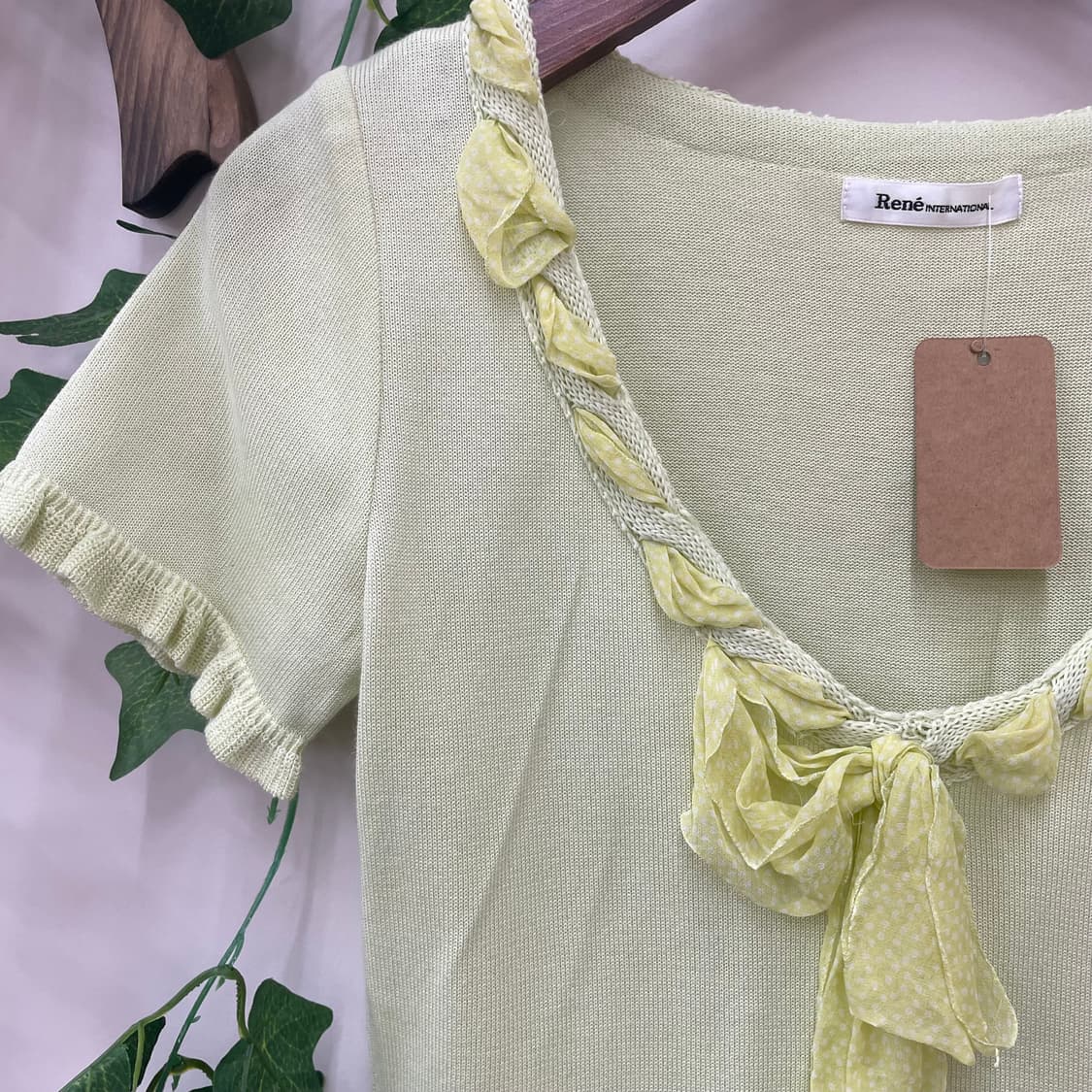 멜론맛 도트 쉬폰 스트링 디테일 리본 멜론컬러 반팔 티셔츠 상품이미지2