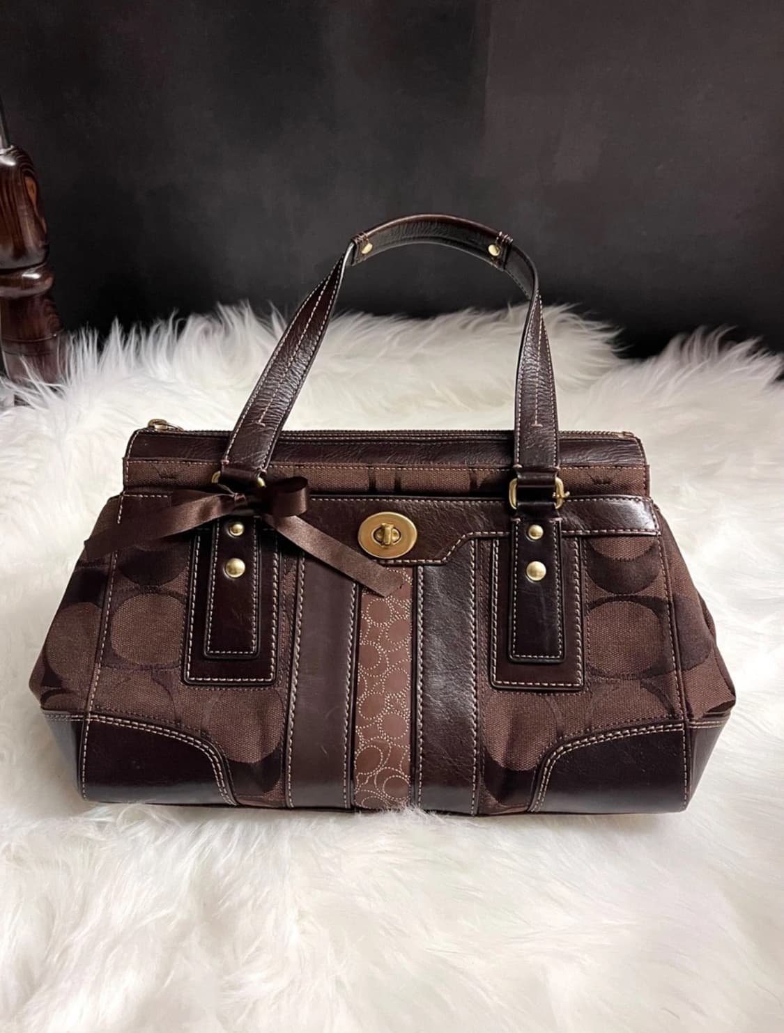 90s coach 시그니처 햄튼 브라운 캔버스 턴락 토트백 숄더백 상품이미지1