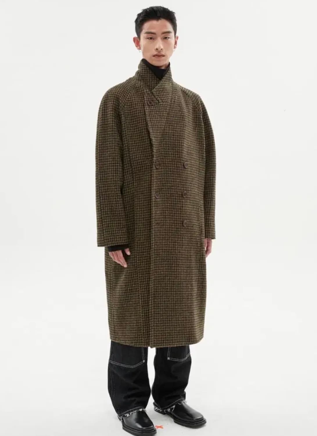 앤더슨벨 더블 브레스티드 트위드 체크 코트 카키 상품이미지2