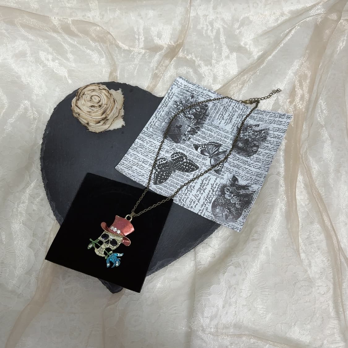 빈티지 에나멜 황동 해골 플라워 목걸이 상품이미지2