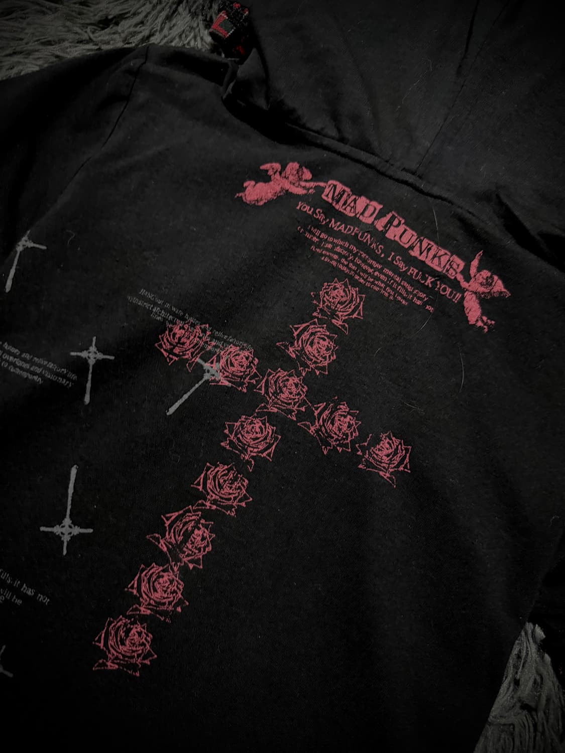 MAD PUNKs 로즈 십자가 그래픽 레드 체크 펑크 후드 반팔티 상품이미지8