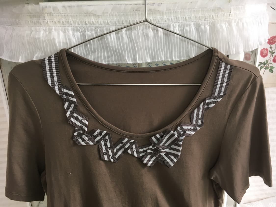 일본빈티지 카키브라운 반팔 티셔츠 리본 상품이미지4
