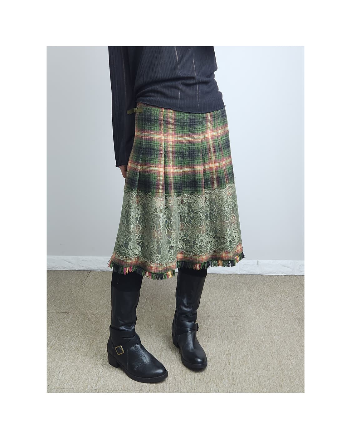 체크 플리츠 테슬 스커트 상품이미지1