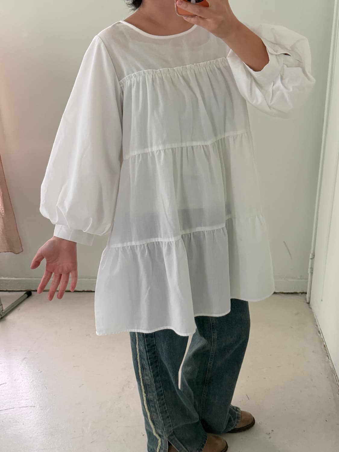 일본빈티지 화이트 퍼프 프릴 블라우스 원피스 상품이미지4