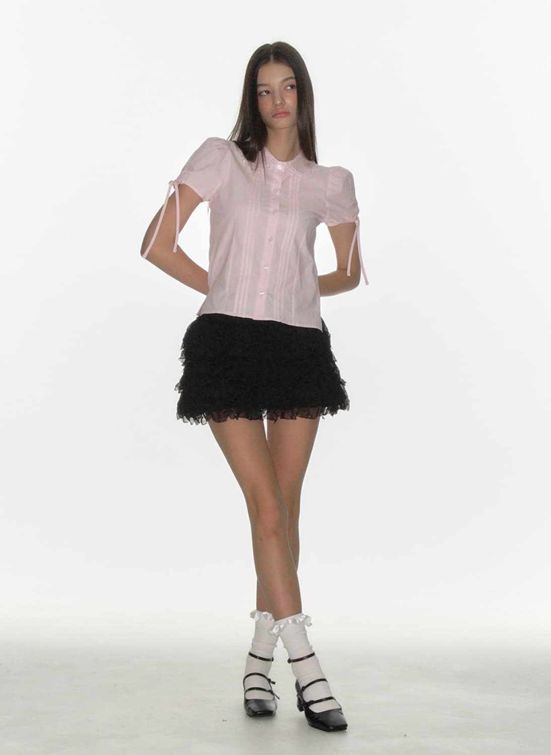 크랭크 핀턱 레이스 카라 블라우스 핑크 상품이미지3