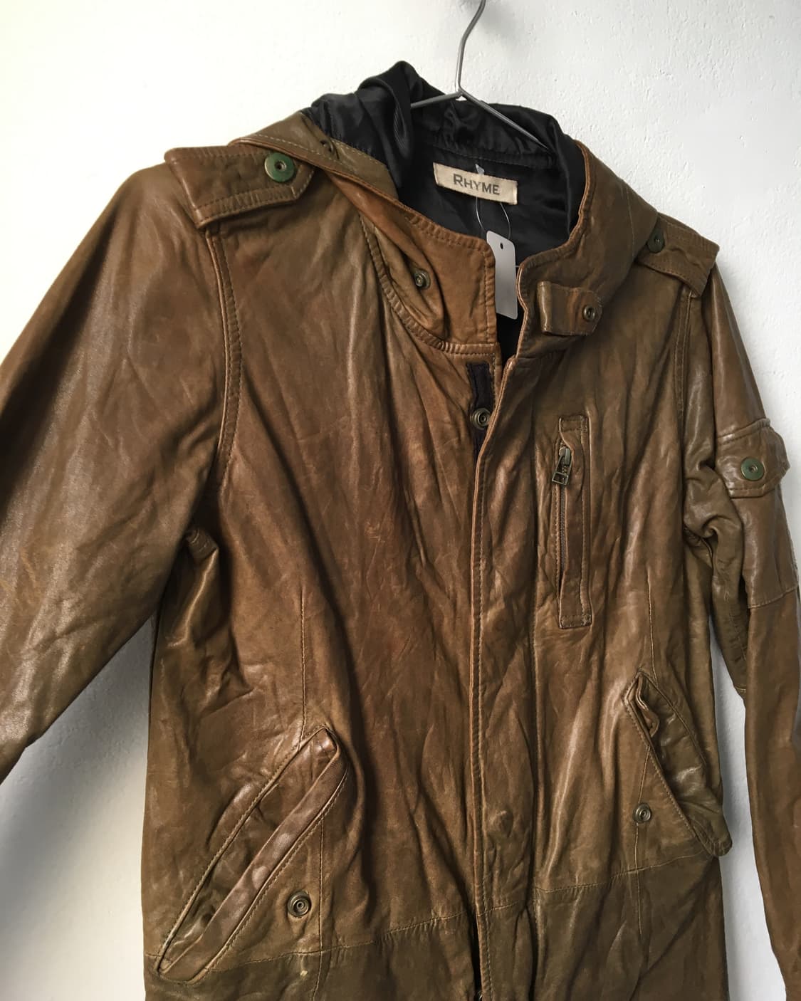 High neck long hood leather jacket 상품이미지4