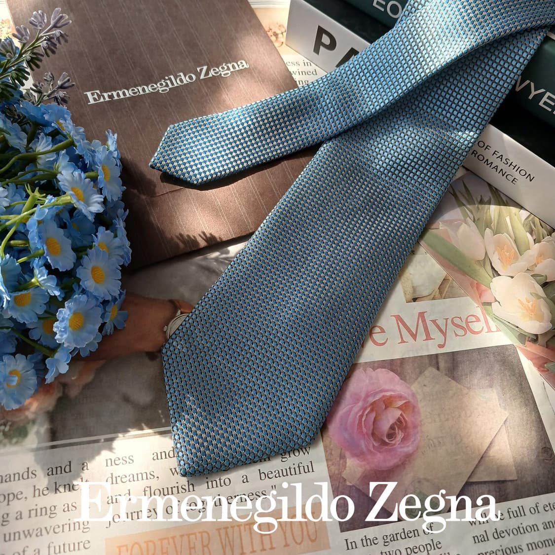 에르메네질도 제냐 블루 자카드 패턴 넥타이 9cm S~A+등급 E895 상품이미지2