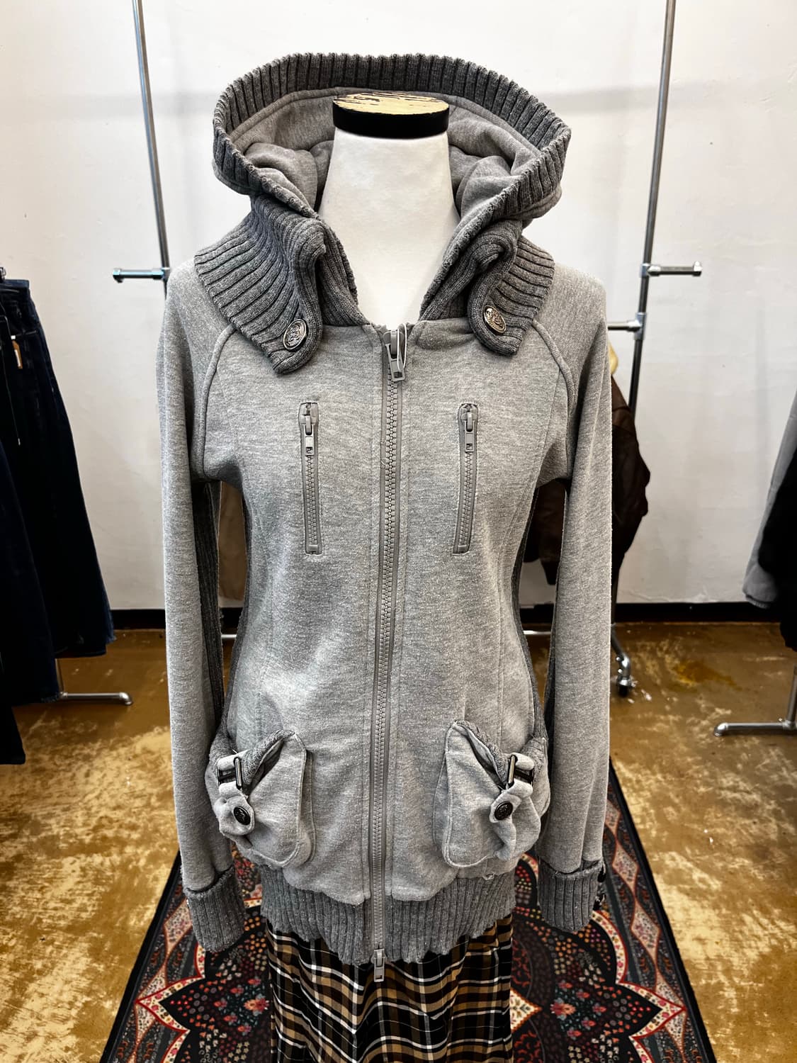 류류 니트 칼라 후드 집업 블루종 상품이미지2