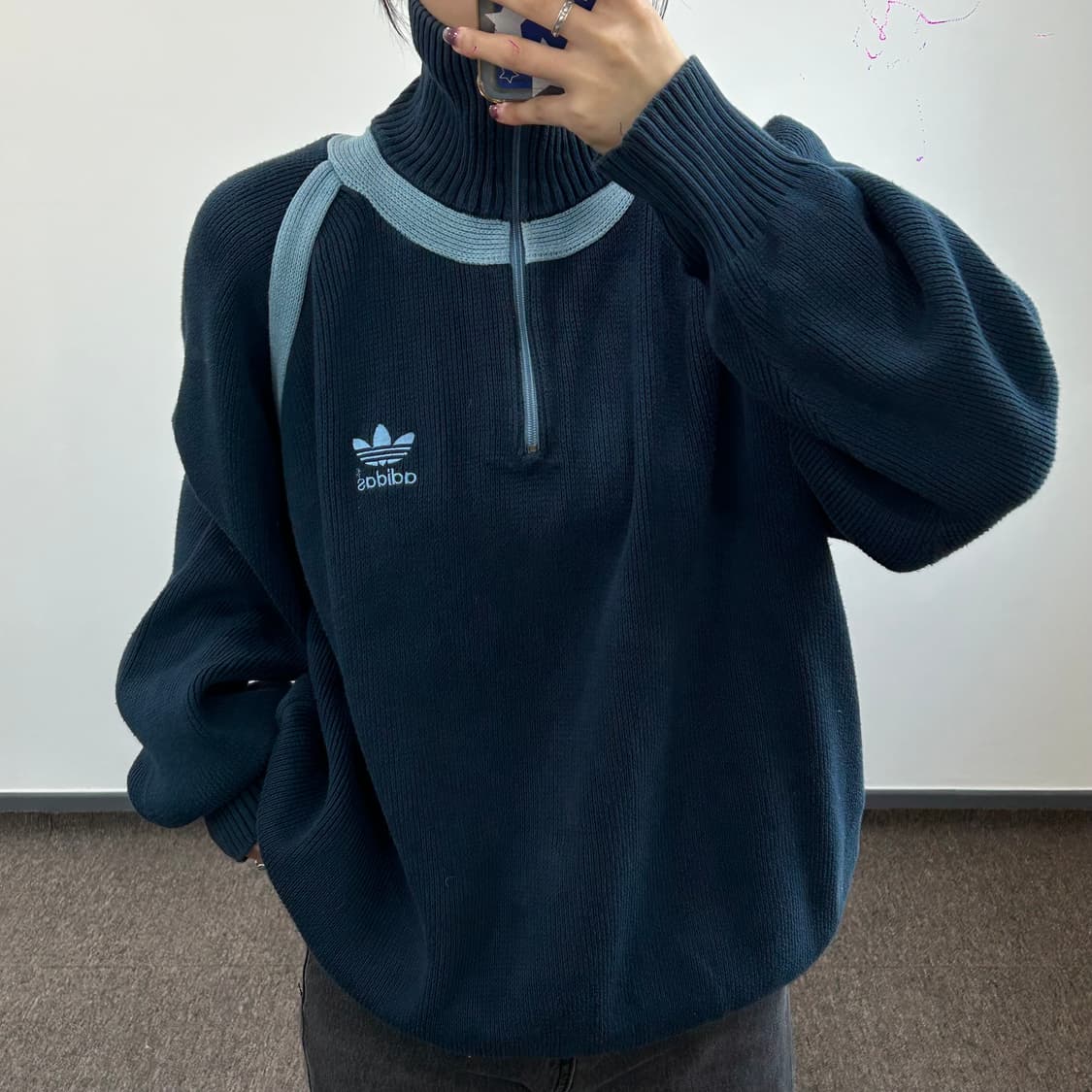 Adidas 아디다스 스카이블루 네이비 배색 니트 반집업 상품이미지2