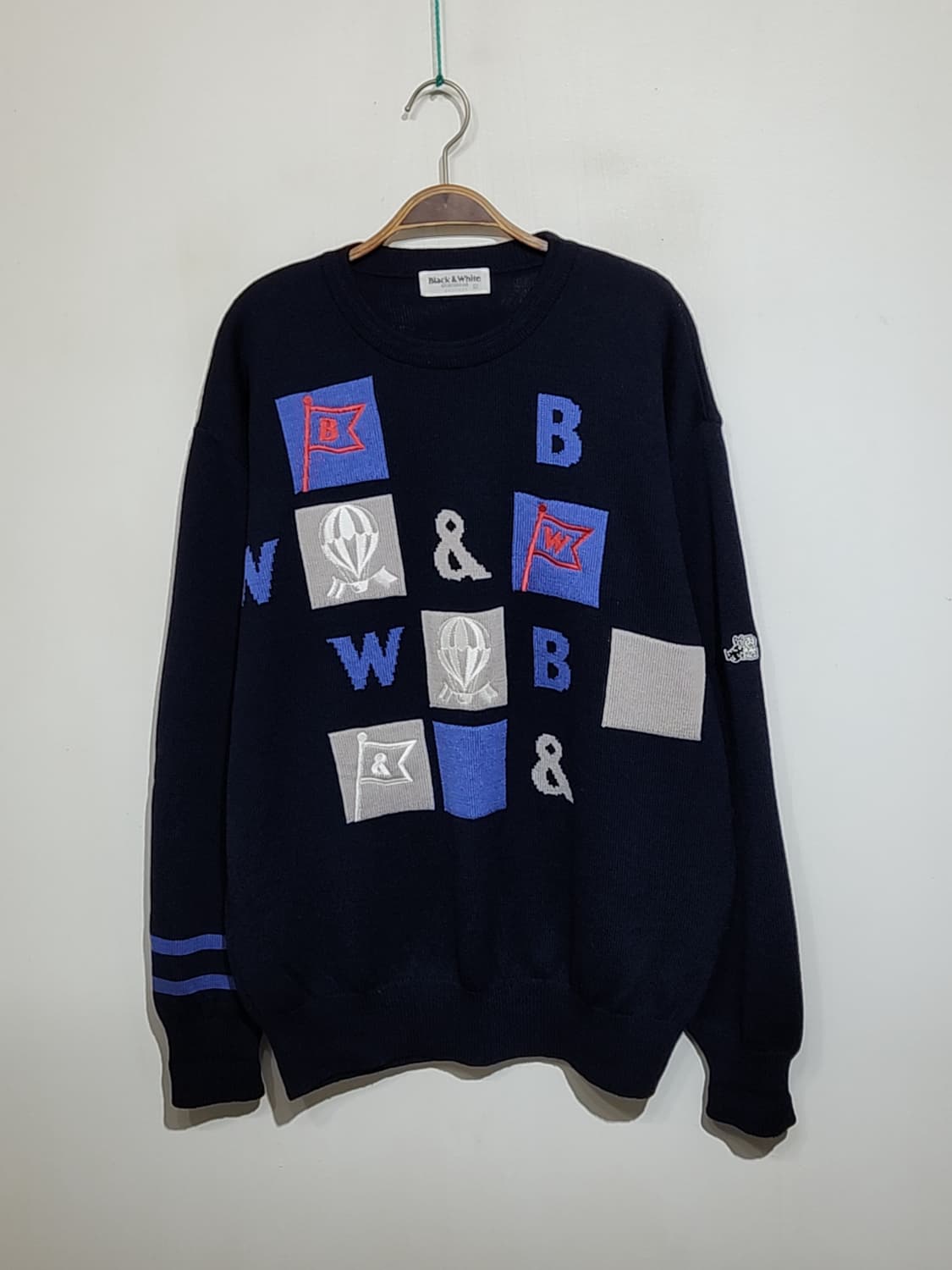 (XL) 블랙앤화이트 니트 네이비 빅로고 스웨터 골프웨어  상품이미지1