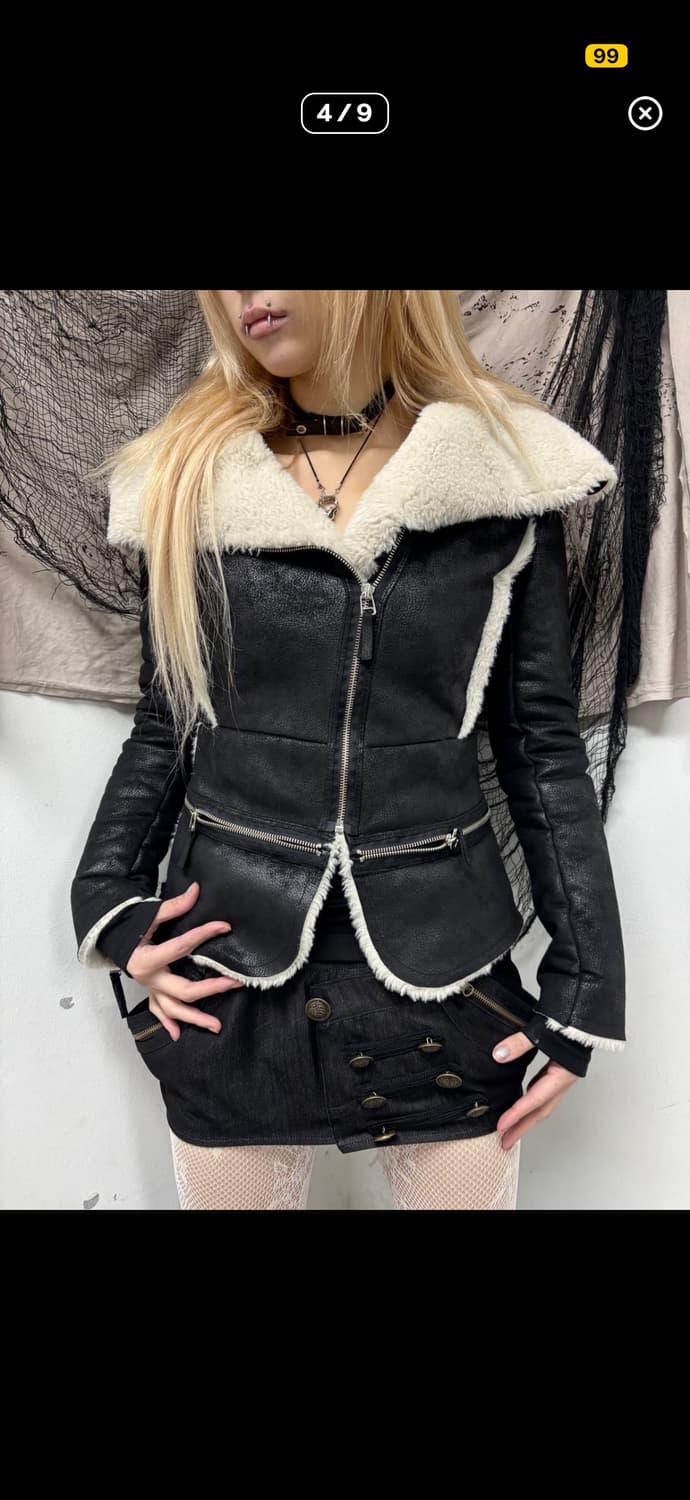 블랙 무스탕 자켓 숏 퍼트리밍 큐빈티지 아케호무 샵502 갸루 펑크 상품이미지1