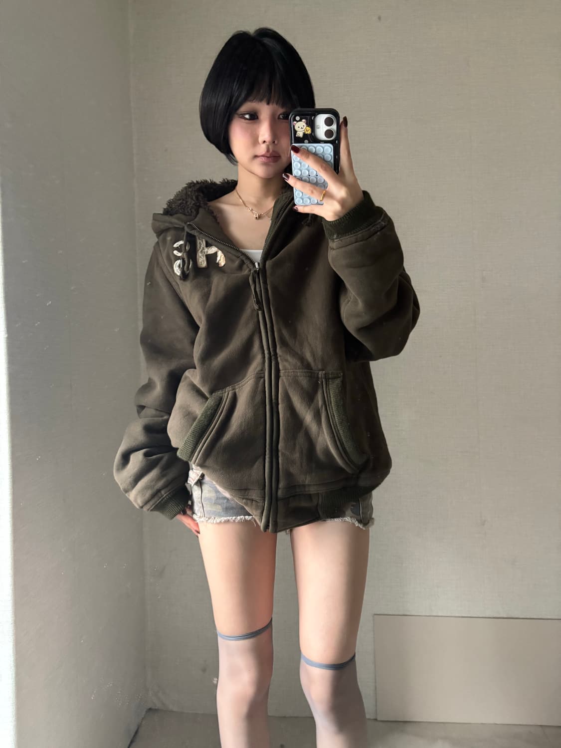 홀리스터 워시드 카키 보아털 후드집업 상품이미지2