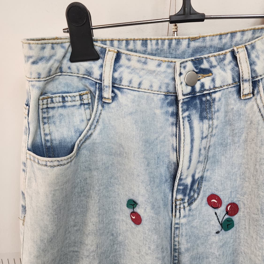 SHEIN 체리 자수 워싱 데님 와이드 팬츠 상품이미지2