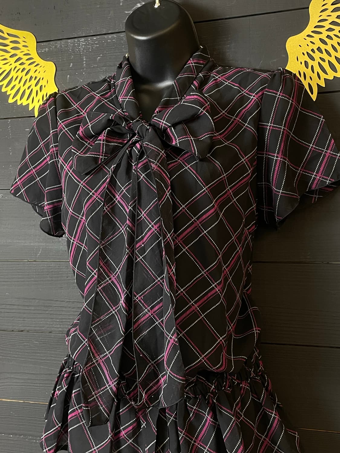 JPN 갸루 핑크 체크 패턴 블랙 쉬폰 블라우스 셔츠 탑 상품이미지2