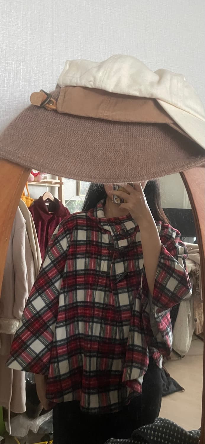 모리걸 빈티지 레드 체크 케이프 코트 상품이미지4