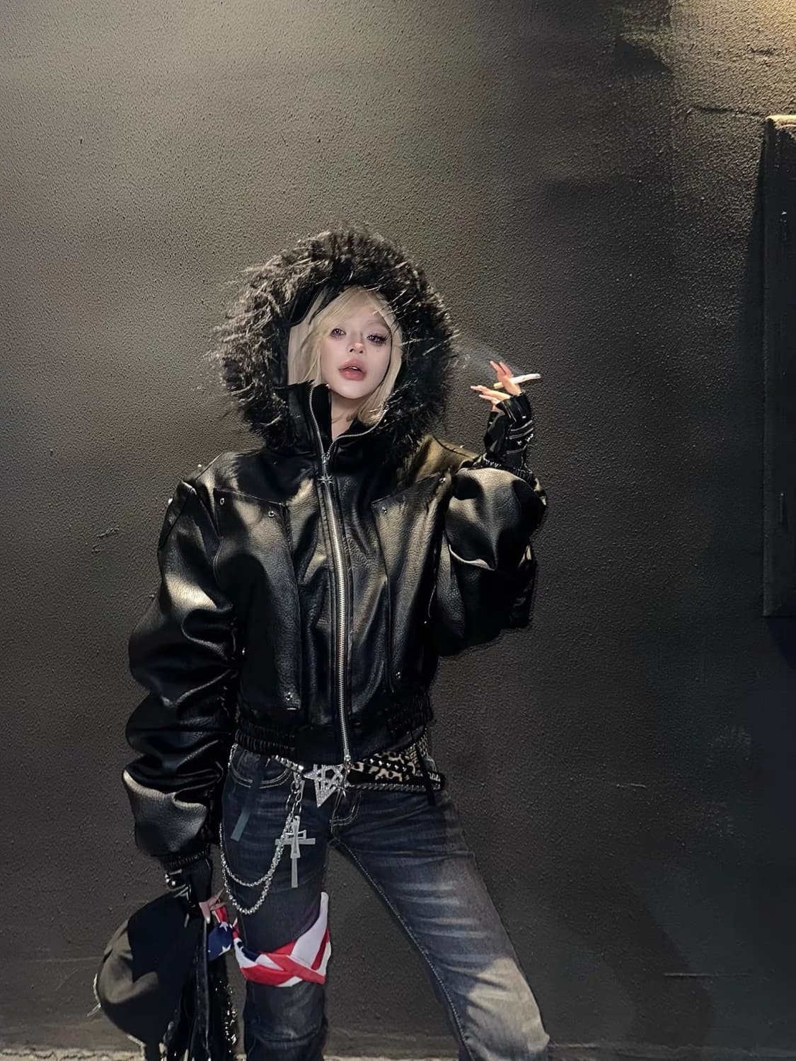 Opium Dark Leather Fur Bomber 상품이미지6