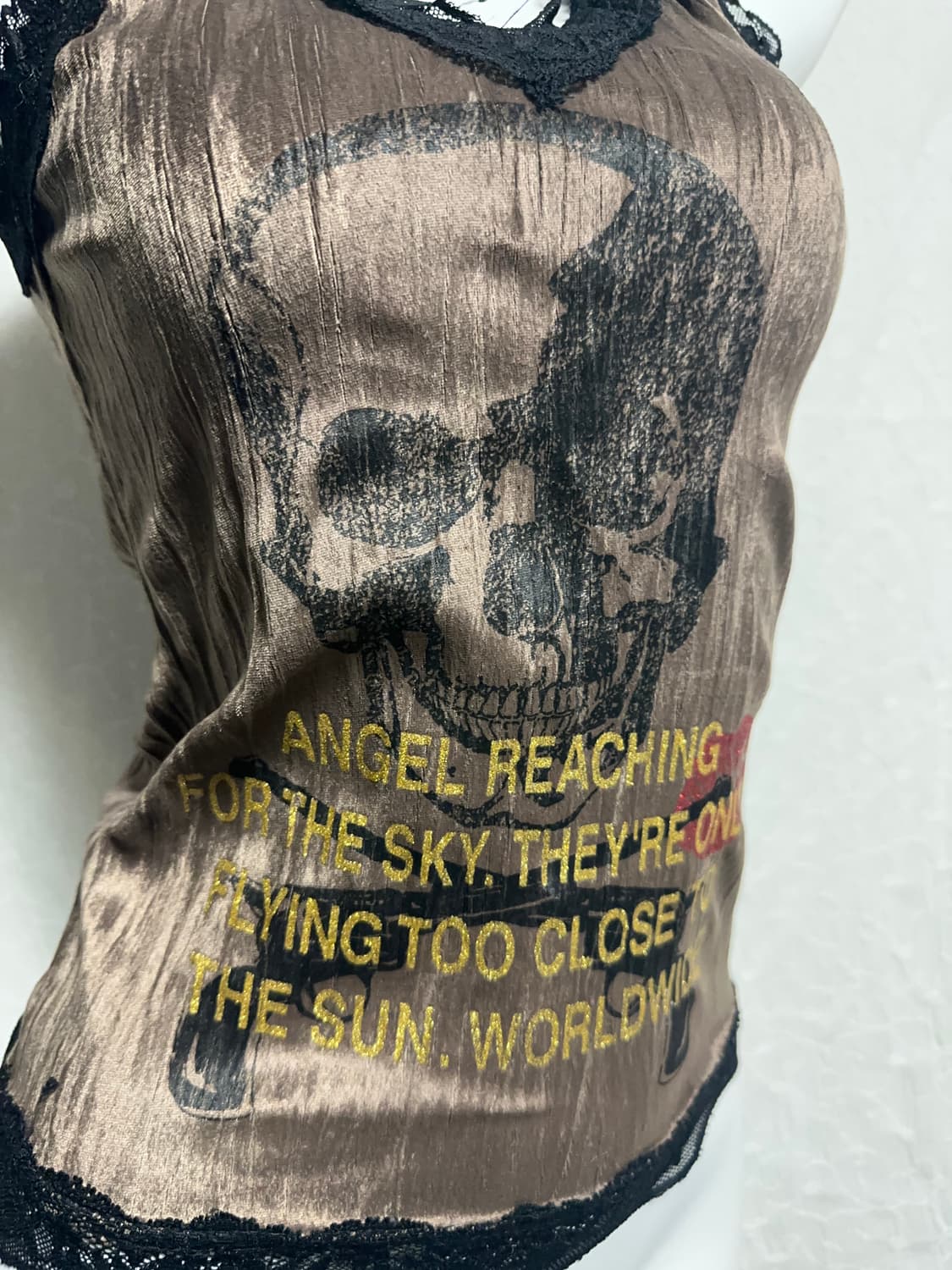 빈티지 펑크 해골 레이스 새틴 슬리브리스 탑 상품이미지3