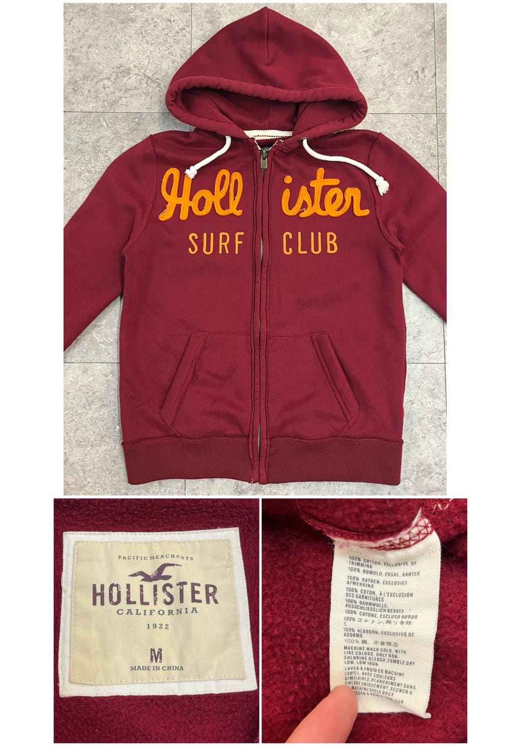 홀리스터 기모 후드집업 버건디 M #csz4172 상품이미지3