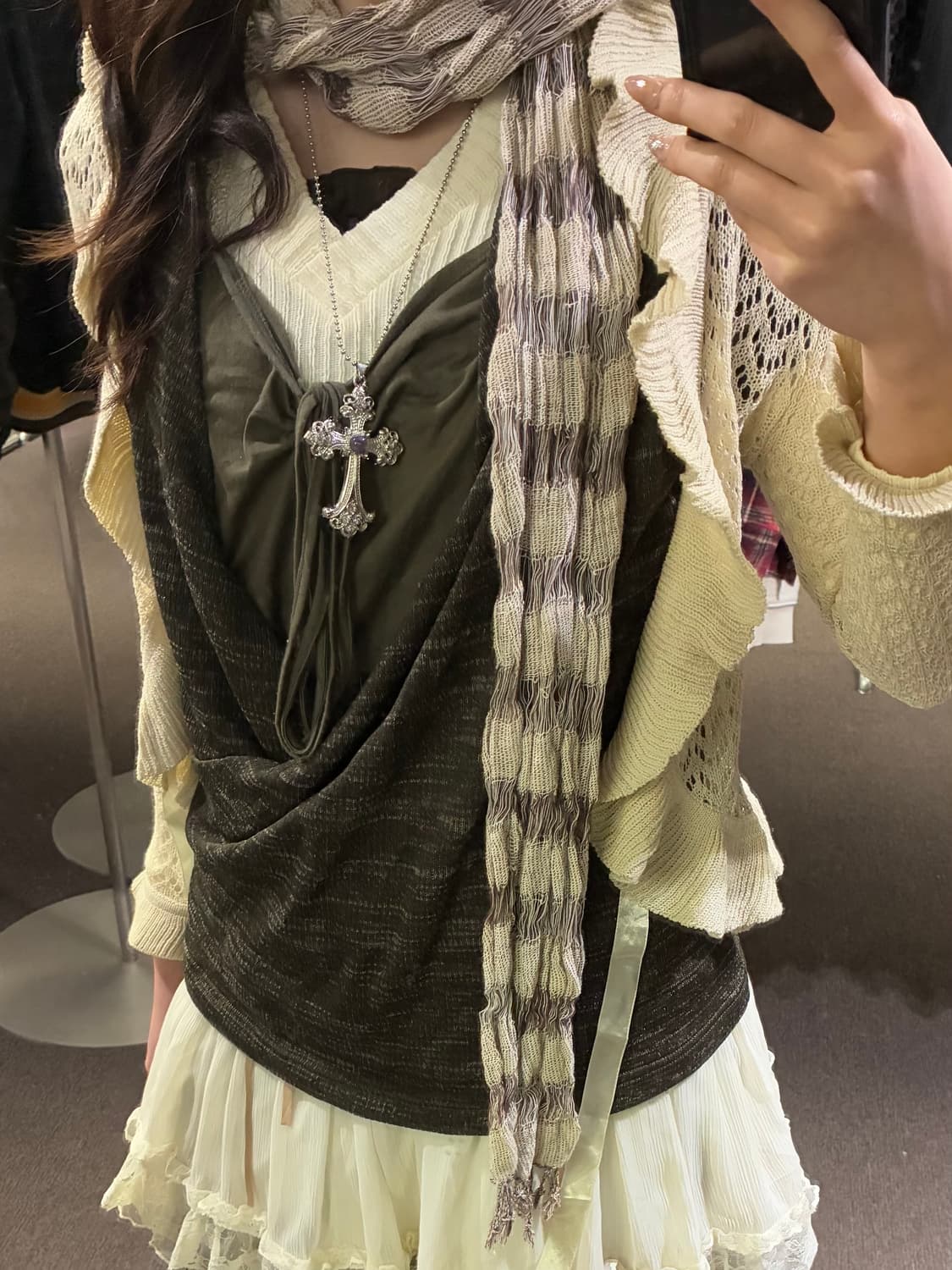 Japanese vintage 여성 줄무늬 베이지 머플러 상품이미지1