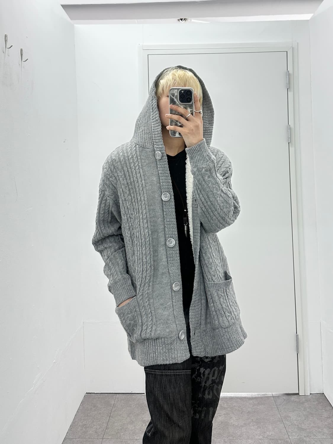 NAVY fur knit hood cardigan  상품이미지1