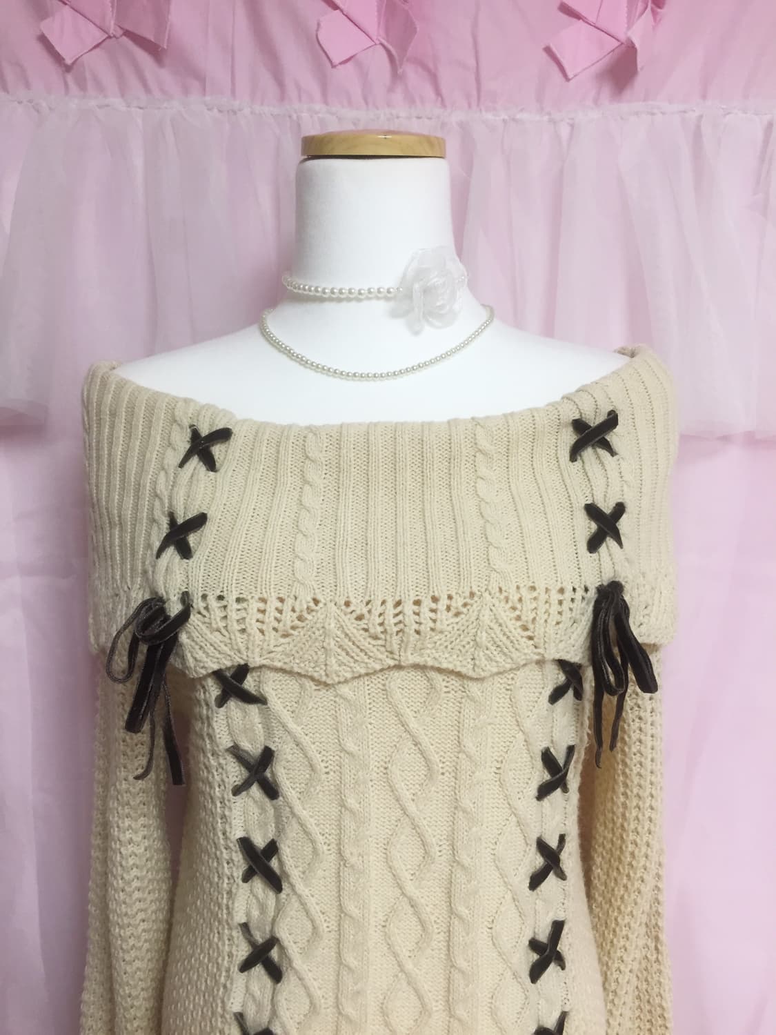 빈티지 라떼갸루 히메갸루 엑시즈팜 오프숄더 리본 니트 상품이미지2